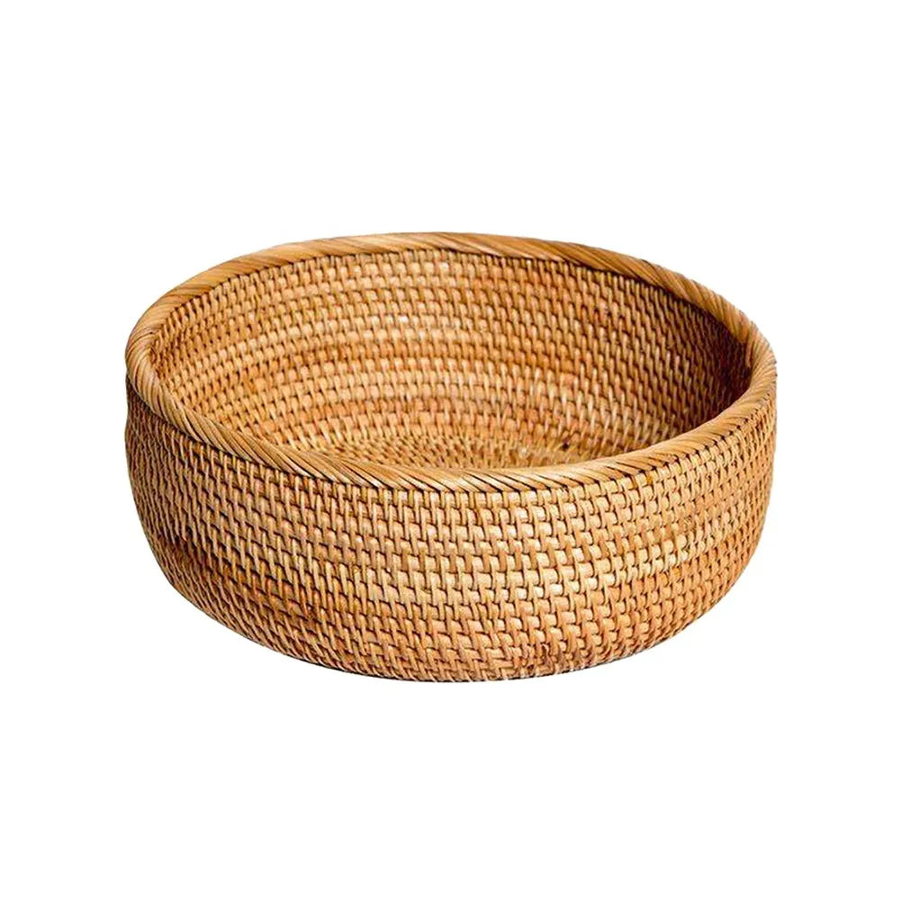 Bandeja redonda tecida à mão para alimentos naturais, cesta de armazenamento de rattan para casa, sala de estar, mesa de jantar, lanche, cesta de frutas e vegetais