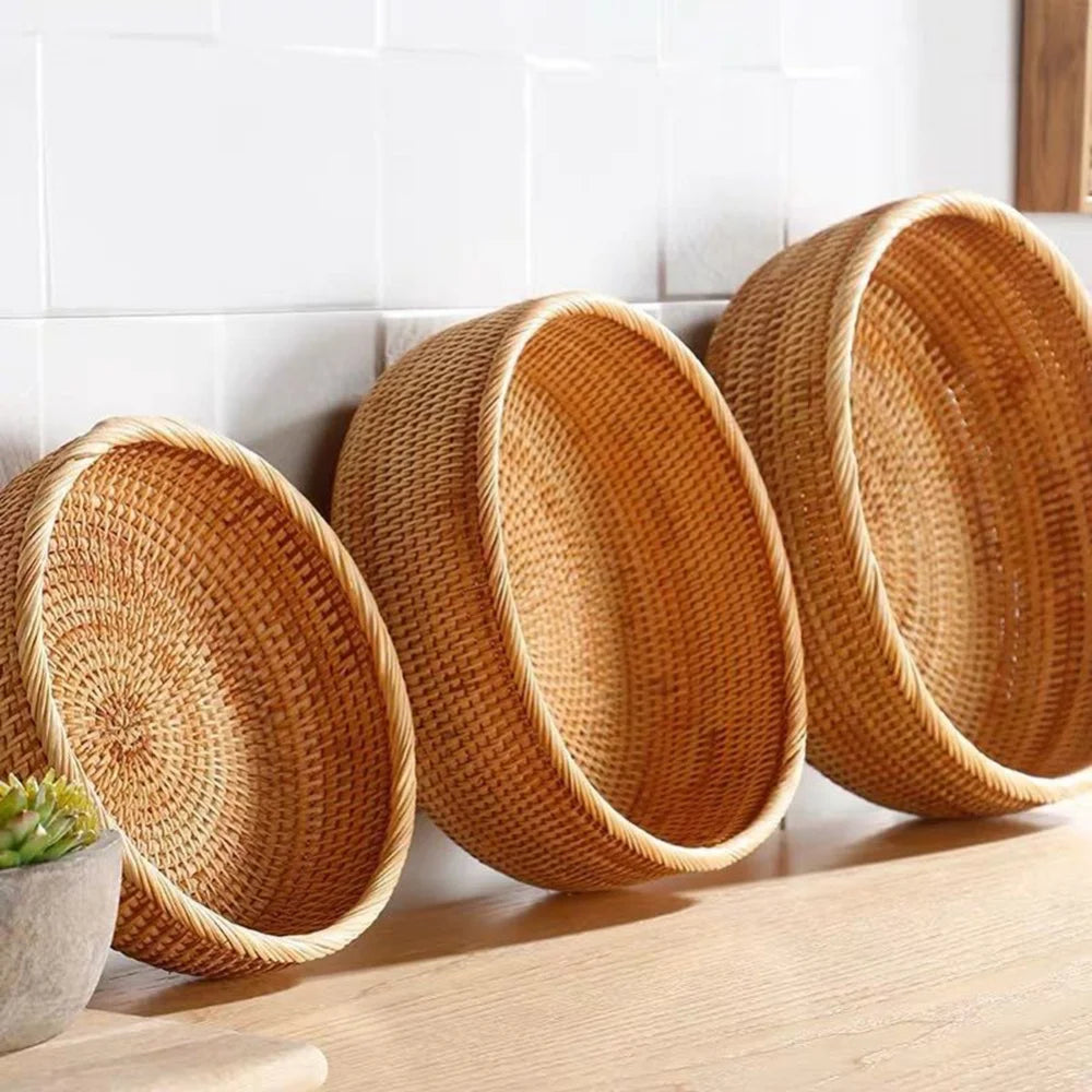 Bandeja redonda tecida à mão para alimentos naturais, cesta de armazenamento de rattan para casa, sala de estar, mesa de jantar, lanche, cesta de frutas e vegetais