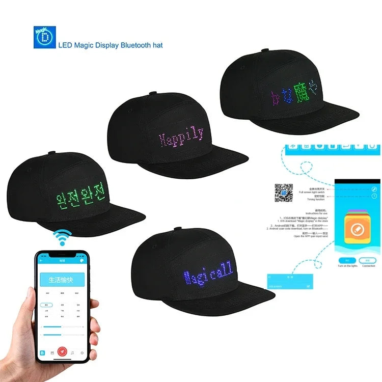 Unisex Hip Hop Cap com App Control, LED Baseball Hat, DIY Programável Scroll Mensagem, Display Board, Hip Hop Street Cap, Chapéus de festa