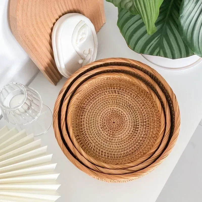 Cesta Redonda De Frutas Do Rattan, Bandeja De Lanche Tecida De Vime, Organizador De Comida De Pão, Armazenamento De Cozinha, Decoração De Casa