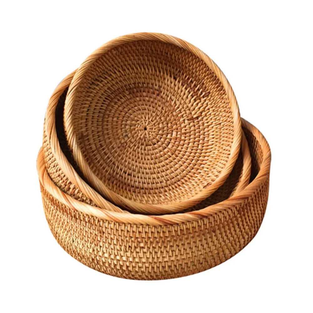 Bandeja redonda tecida à mão para alimentos naturais, cesta de armazenamento de rattan para casa, sala de estar, mesa de jantar, lanche, cesta de frutas e vegetais