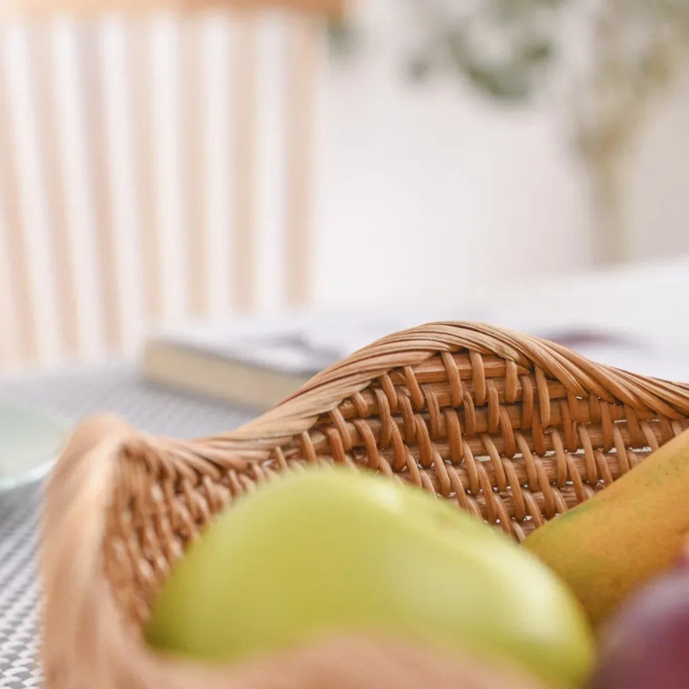 Cesta de armazenamento, estrutura de pão, rattan, utensílios de acabamento de frutas, cesta de armazenamento tecida, lanches