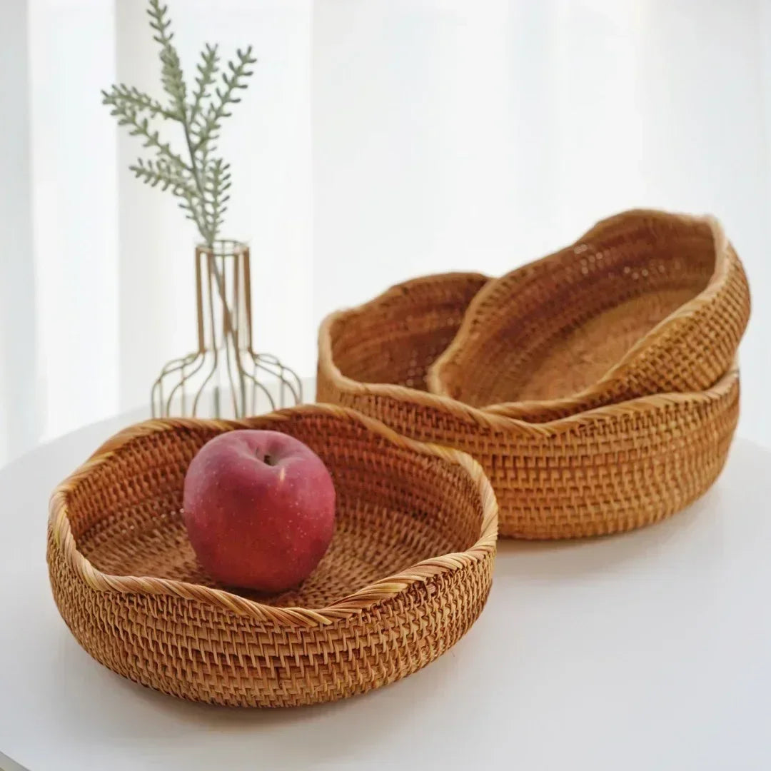 Cesta Redonda De Frutas Do Rattan, Bandeja De Lanche Tecida De Vime, Organizador De Comida De Pão, Armazenamento De Cozinha, Decoração De Casa