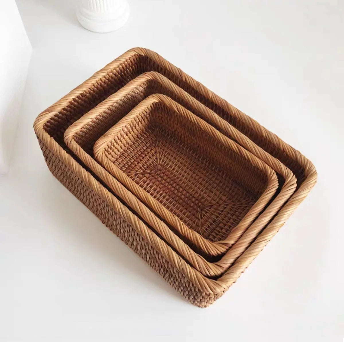Cesta de vime tecida à mão, cesta de frutas, chá, lanche, pão, cosméticos, caixa de armazenamento retangular, suprimentos de cozinha domésticos