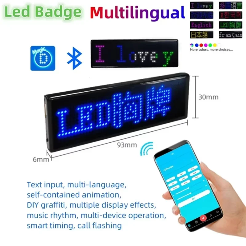 Elegante-multilíngue led digital crachá usb recarregável diy texto programável nome crachá rolagem tag sinal módulo exibição