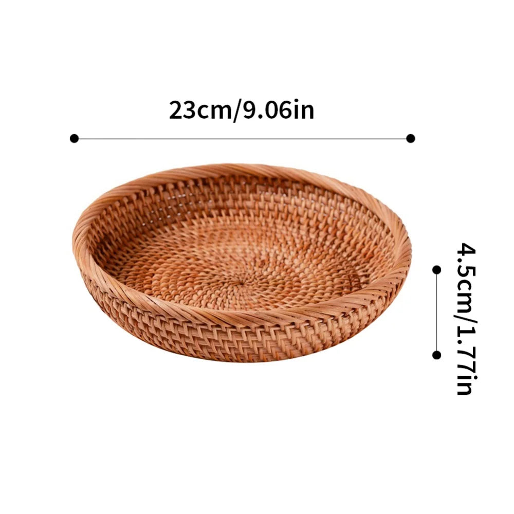 Bandeja redonda tecida à mão para alimentos naturais, cesta de armazenamento de rattan para casa, sala de estar, mesa de jantar, lanche, cesta de frutas e vegetais