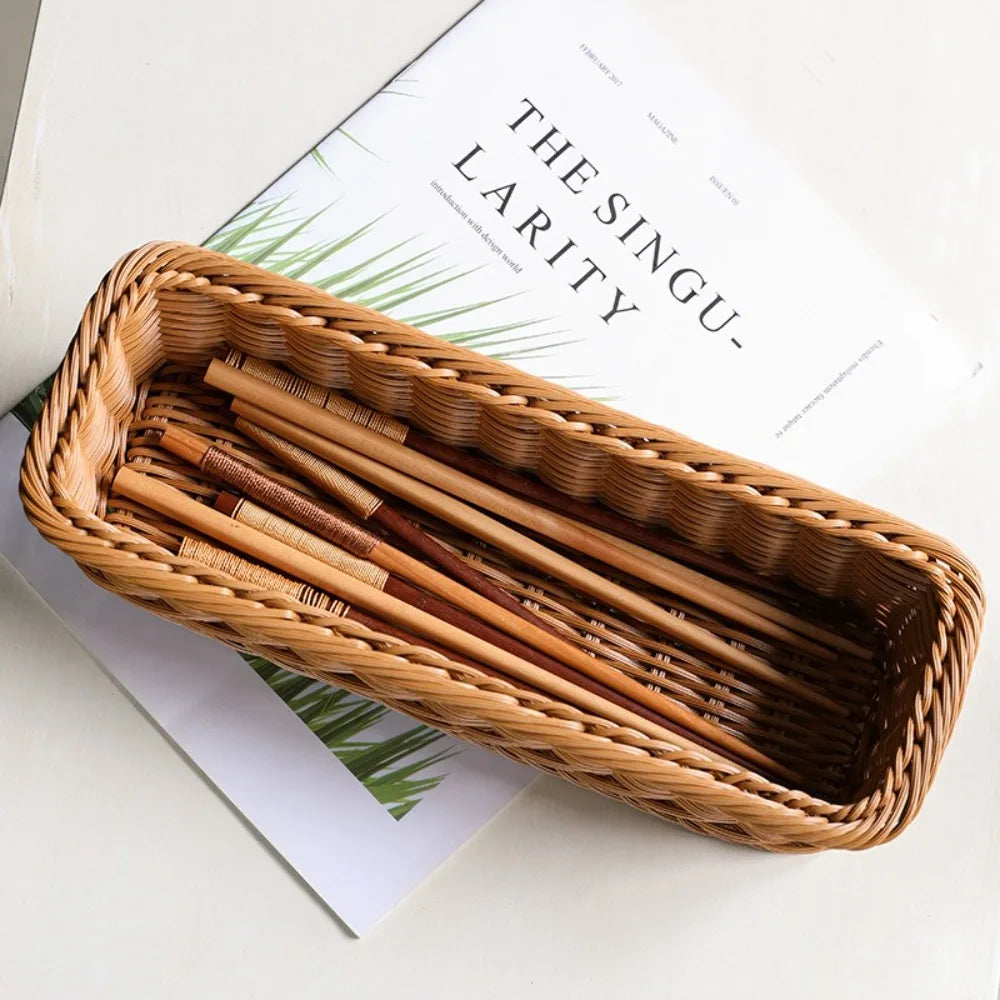 Imitation Rattan Storage Basket Faux Wicker Tray Plastic Picnic Basket Bread Food Plate Fruit Box Desk Decoration