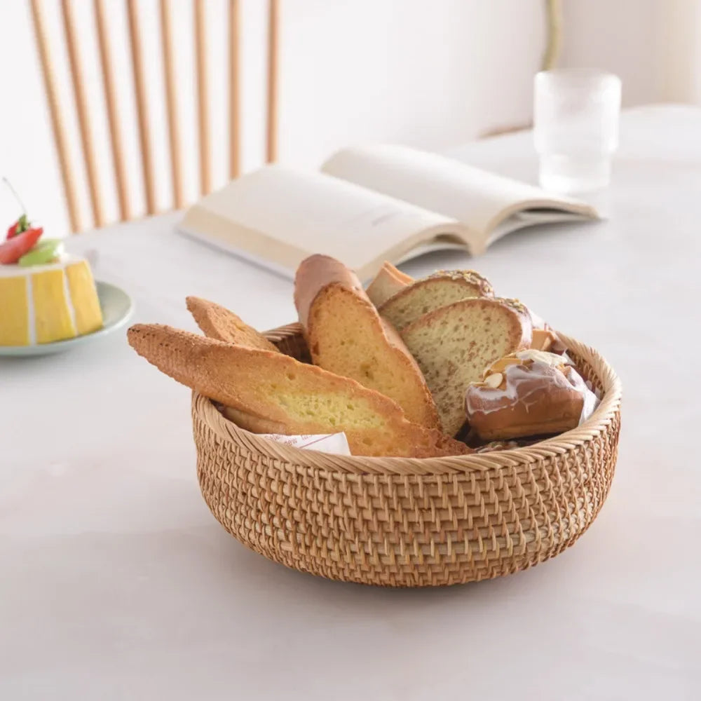 Cesta de armazenamento, estrutura de pão, rattan, utensílios de acabamento de frutas, cesta de armazenamento tecida, lanches