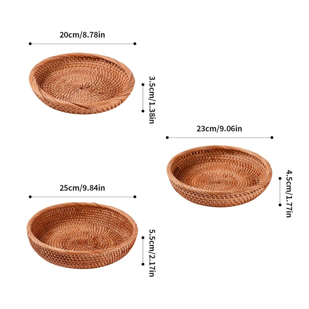 Bandeja redonda tecida à mão para alimentos naturais, cesta de armazenamento de rattan para casa, sala de estar, mesa de jantar, lanche, cesta de frutas e vegetais