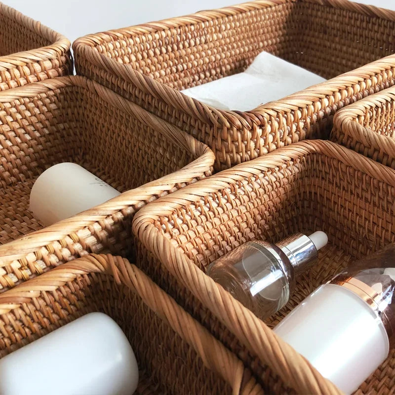 Cesta de vime tecida à mão, cesta de frutas, chá, lanche, pão, cosméticos, caixa de armazenamento retangular, suprimentos de cozinha domésticos