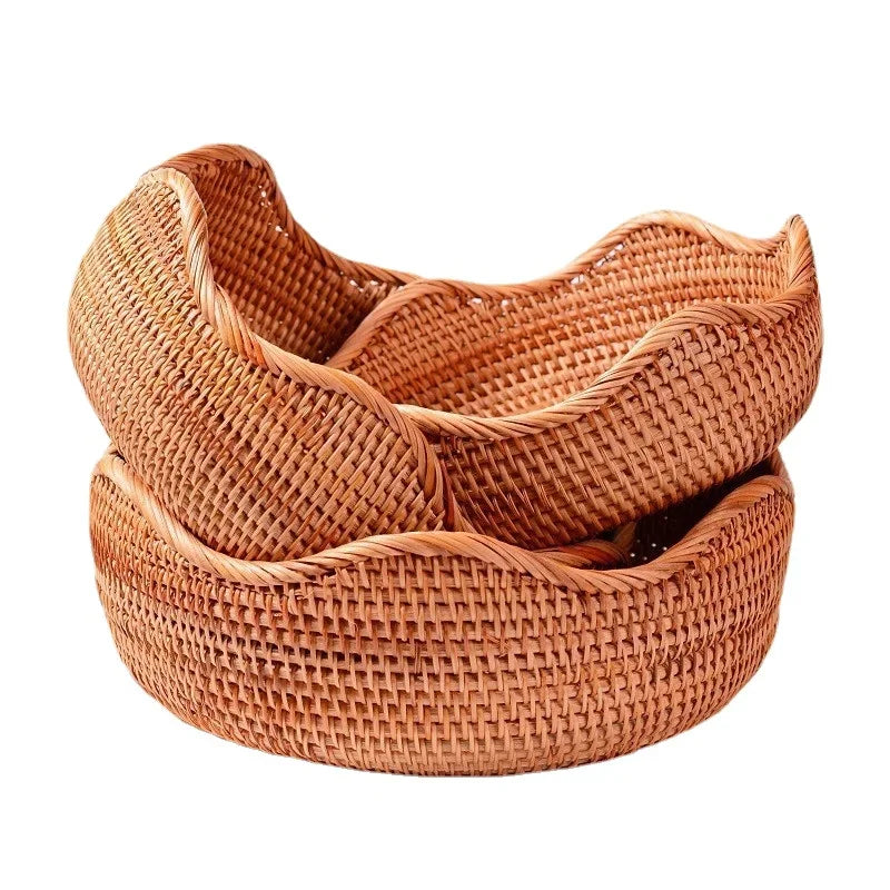 Cesta Redonda De Frutas Do Rattan, Bandeja De Lanche Tecida De Vime, Organizador De Comida De Pão, Armazenamento De Cozinha, Decoração De Casa