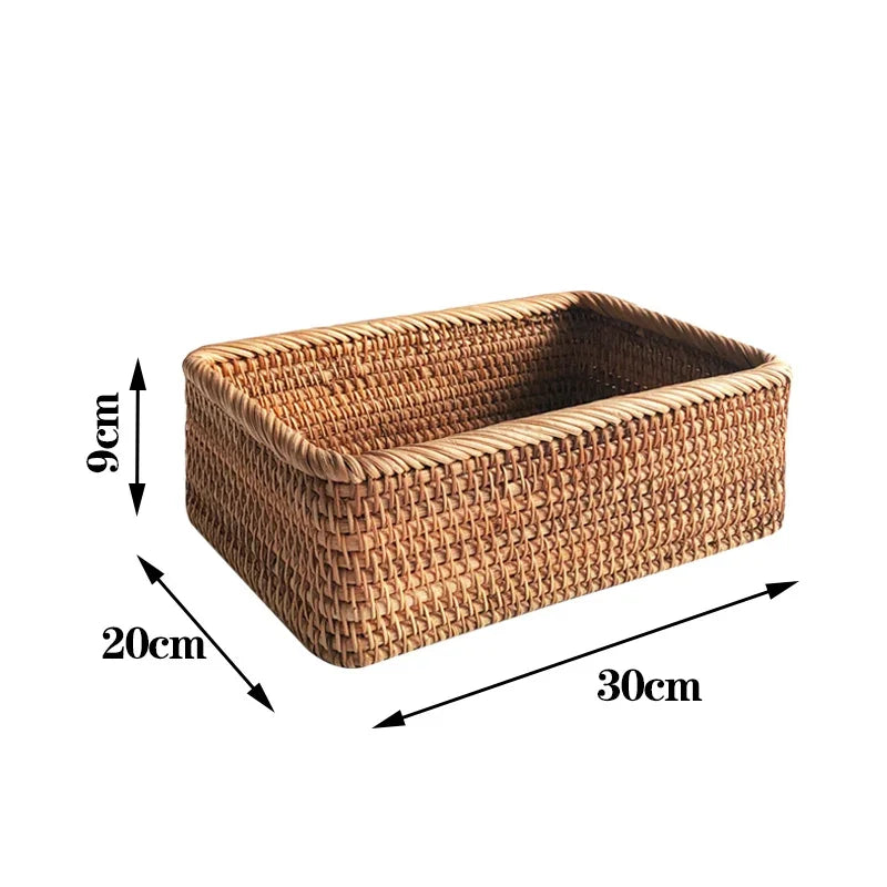 Cesta de vime tecida à mão, cesta de frutas, chá, lanche, pão, cosméticos, caixa de armazenamento retangular, suprimentos de cozinha domésticos