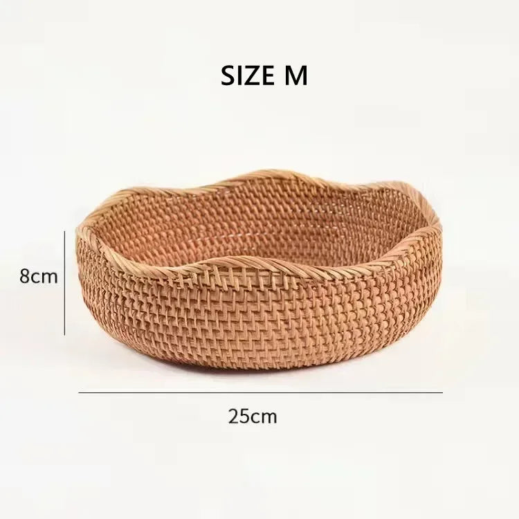 Cesta Redonda De Frutas Do Rattan, Bandeja De Lanche Tecida De Vime, Organizador De Comida De Pão, Armazenamento De Cozinha, Decoração De Casa