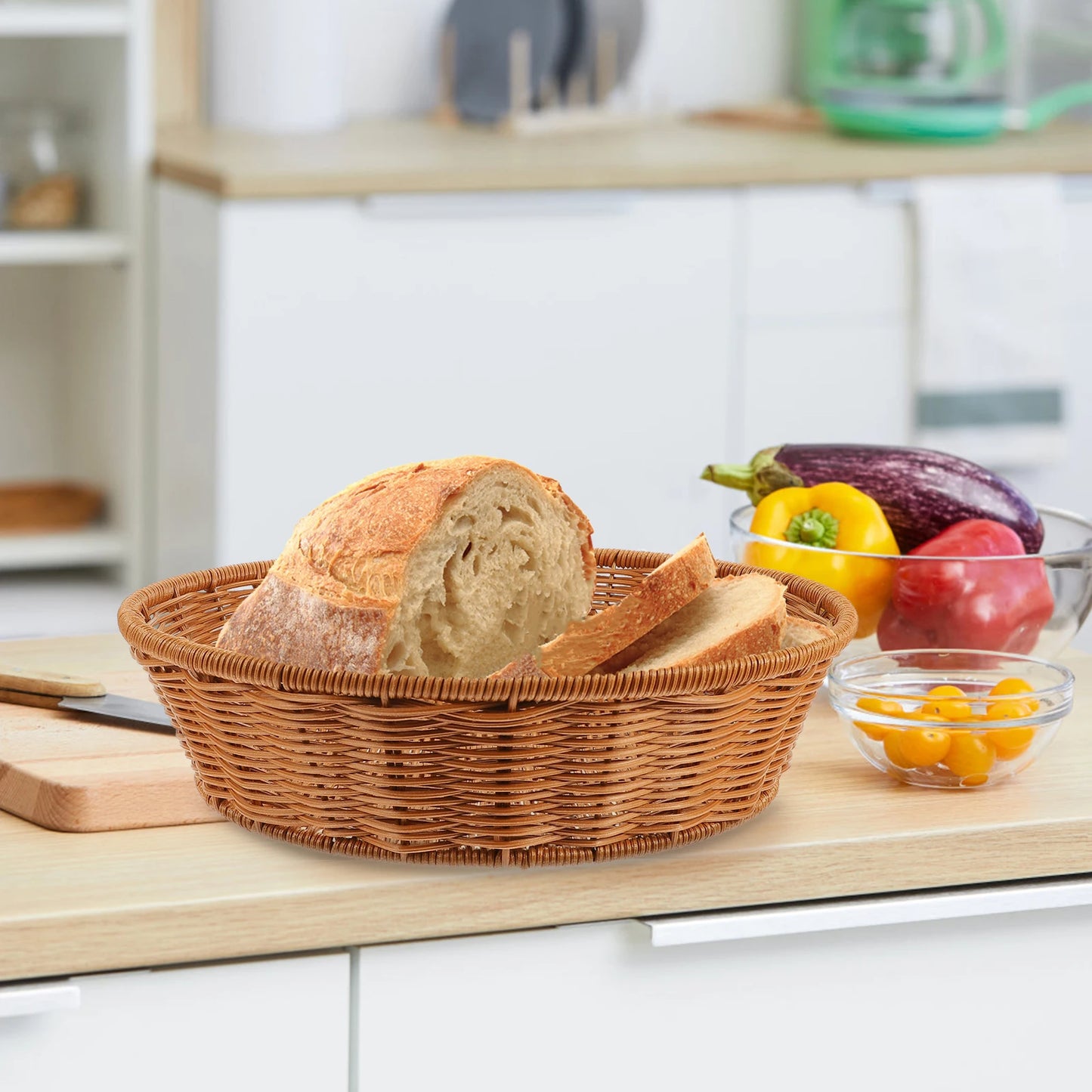 Cesta de pão para lanche, bandeja redonda de vime, ferro, armazenamento de cozinha, banheiro, suporte de frutas, recipiente grande para servir