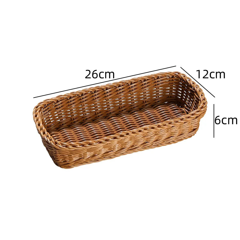 Imitation Rattan Storage Basket Faux Wicker Tray Plastic Picnic Basket Bread Food Plate Fruit Box Desk Decoration