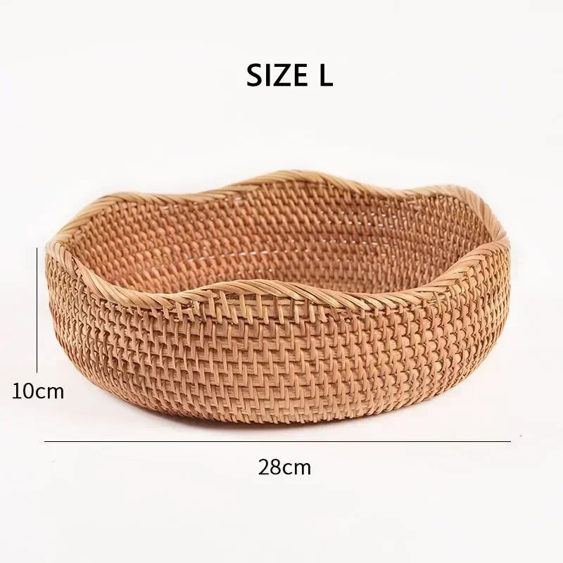 Cesta Redonda De Frutas Do Rattan, Bandeja De Lanche Tecida De Vime, Organizador De Comida De Pão, Armazenamento De Cozinha, Decoração De Casa