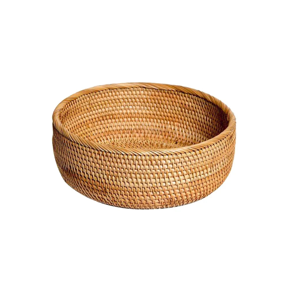 Bandeja redonda tecida à mão para alimentos naturais, cesta de armazenamento de rattan para casa, sala de estar, mesa de jantar, lanche, cesta de frutas e vegetais