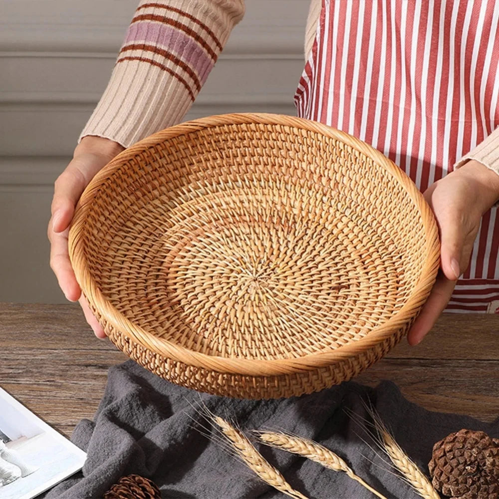 Bandeja redonda tecida à mão para alimentos naturais, cesta de armazenamento de rattan para casa, sala de estar, mesa de jantar, lanche, cesta de frutas e vegetais
