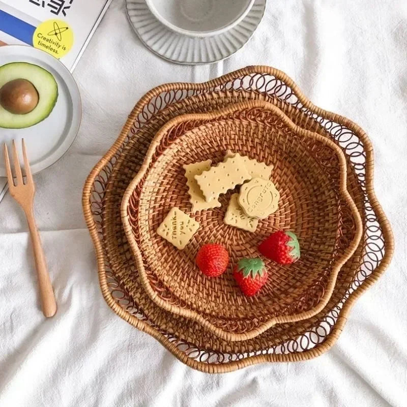 Cesta Redonda De Frutas Do Rattan, Bandeja De Lanche Tecida De Vime, Organizador De Comida De Pão, Armazenamento De Cozinha, Decoração De Casa