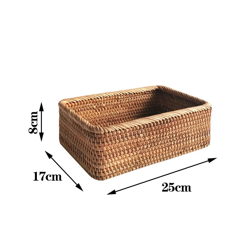 Cesta de vime tecida à mão, cesta de frutas, chá, lanche, pão, cosméticos, caixa de armazenamento retangular, suprimentos de cozinha domésticos