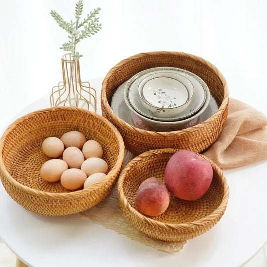 Cesta Redonda De Frutas Do Rattan, Bandeja De Lanche Tecida De Vime, Organizador De Comida De Pão, Armazenamento De Cozinha, Decoração De Casa
