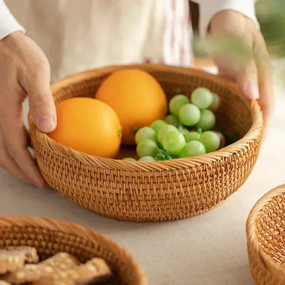 Cesta Redonda De Frutas Do Rattan, Bandeja De Lanche Tecida De Vime, Organizador De Comida De Pão, Armazenamento De Cozinha, Decoração De Casa