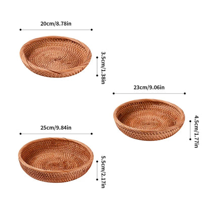 Bandeja redonda tecida à mão para alimentos naturais, cesta de armazenamento de rattan para casa, sala de estar, mesa de jantar, lanche, cesta de frutas e vegetais