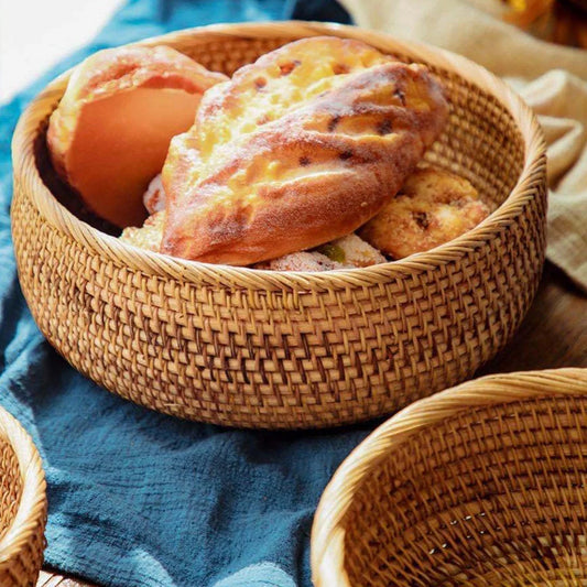 Bandeja redonda tecida à mão para alimentos naturais, cesta de armazenamento de rattan para casa, sala de estar, mesa de jantar, lanche, cesta de frutas e vegetais