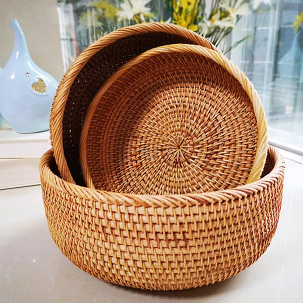 Bandeja redonda tecida à mão para alimentos naturais, cesta de armazenamento de rattan para casa, sala de estar, mesa de jantar, lanche, cesta de frutas e vegetais