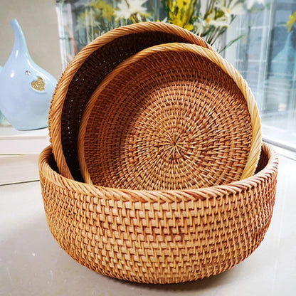 Bandeja redonda tecida à mão para alimentos naturais, cesta de armazenamento de rattan para casa, sala de estar, mesa de jantar, lanche, cesta de frutas e vegetais