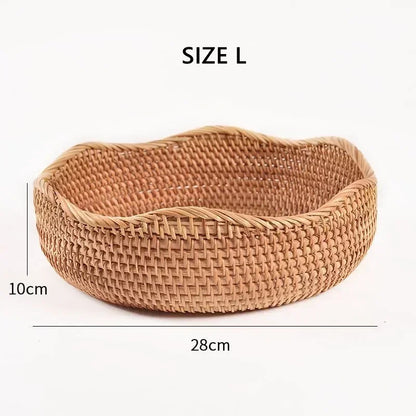 Cesta Redonda De Frutas Do Rattan, Bandeja De Lanche Tecida De Vime, Organizador De Comida De Pão, Armazenamento De Cozinha, Decoração De Casa