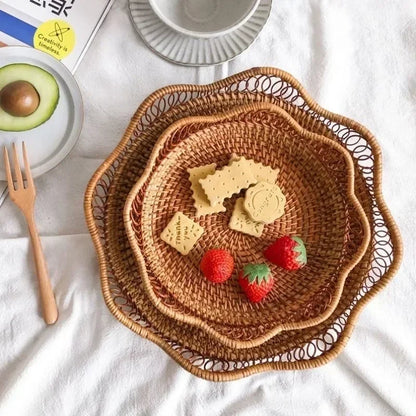 Cesta Redonda De Frutas Do Rattan, Bandeja De Lanche Tecida De Vime, Organizador De Comida De Pão, Armazenamento De Cozinha, Decoração De Casa